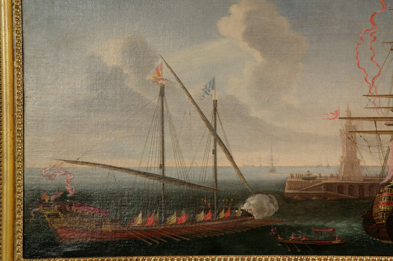 Canvas A Capriccio View of the Port of Genoa with a Galley and two Galleons