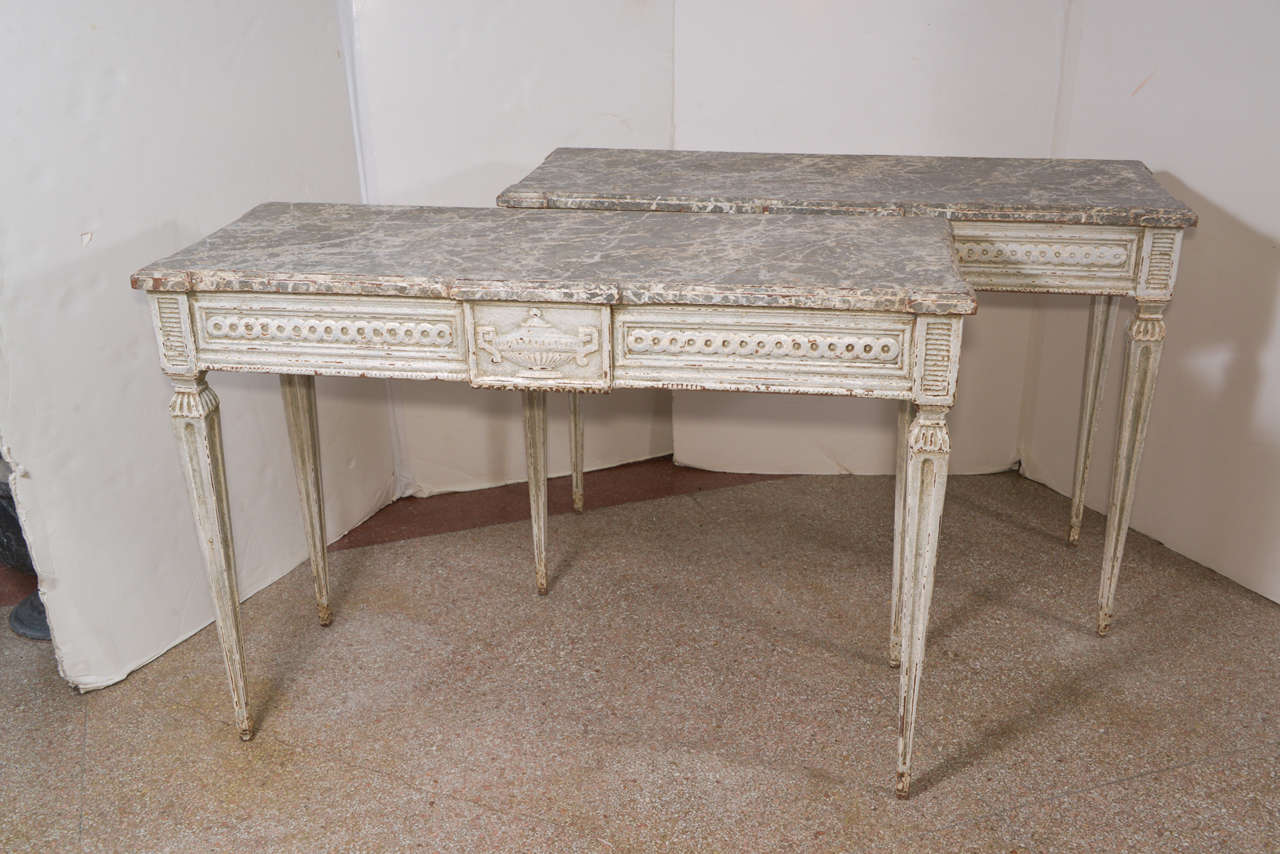 PALE GREY PAINT ON CLASSICALLY DETAILED PAIR OF
 19TH CENTURY WALNUT FRENCH TABLES