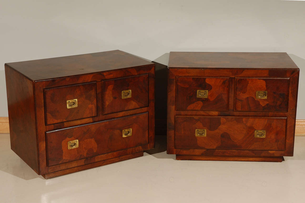 Pair of 1960's patchwork oyster burl nightstands with brass campaign style hardware.