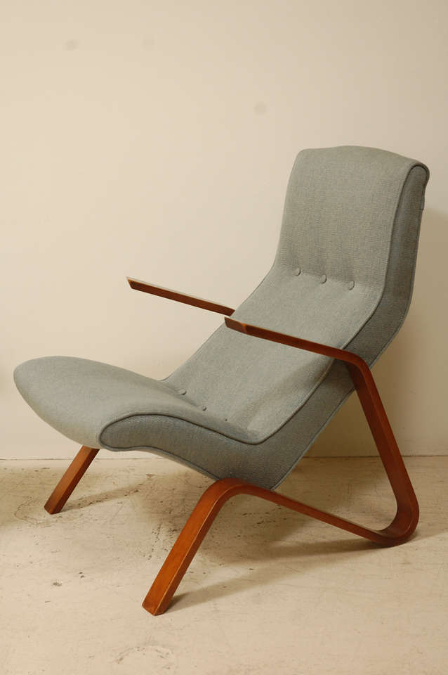 Pair of original Grasshopper Chairs by Eero Saarinen for Knoll. Beautifully bent laminated-wood frame and tufted upholstery. Designed 1946. New upholstery.