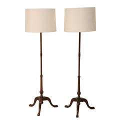 Turned Walnut Floor Lamps With Tripod Base