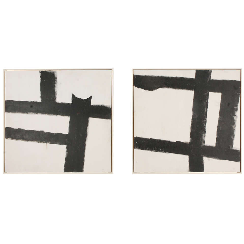 Pair of Modern Abstract Black and White Paintings