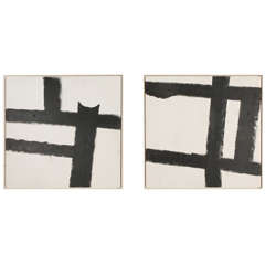 Pair of Modern Abstract Black and White Paintings