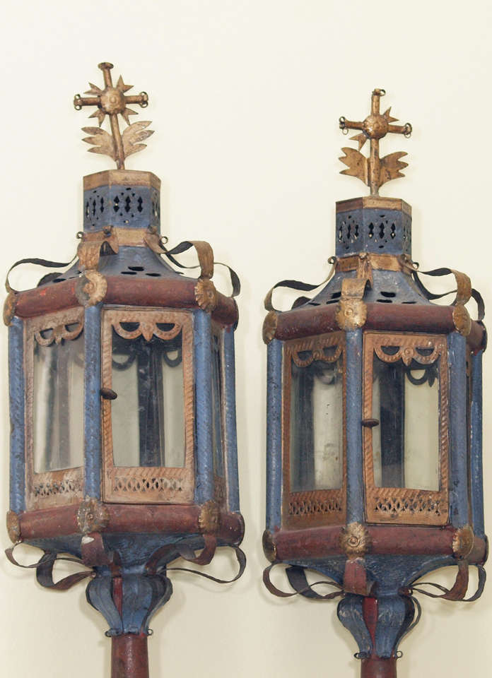 Painted Pair Of 19c Italian Tole Ceremonial Lanterns