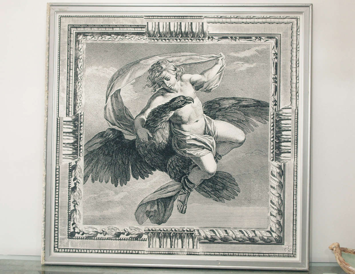 Dramatic and visually arresting  printed design on fabric of a young man and eagle by Timney-Fowler, Ltd. Sue Timney (English, born 1950) and Graham Fowler (English, born 1956) formed Timney-Fowler Limited, in 1980 in London; the company is known