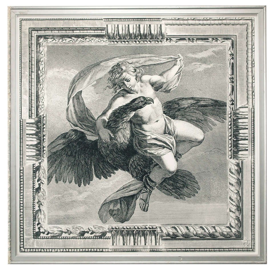 20th c Framed Timney-Fowler, Ltd.  Printed Textile of Young Man and Eagle For Sale