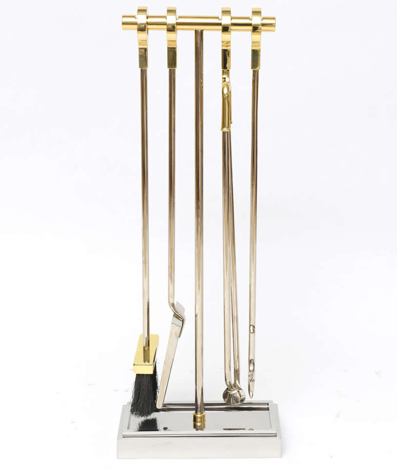 American Brass and Nickeled Steel Fireplace Tools 