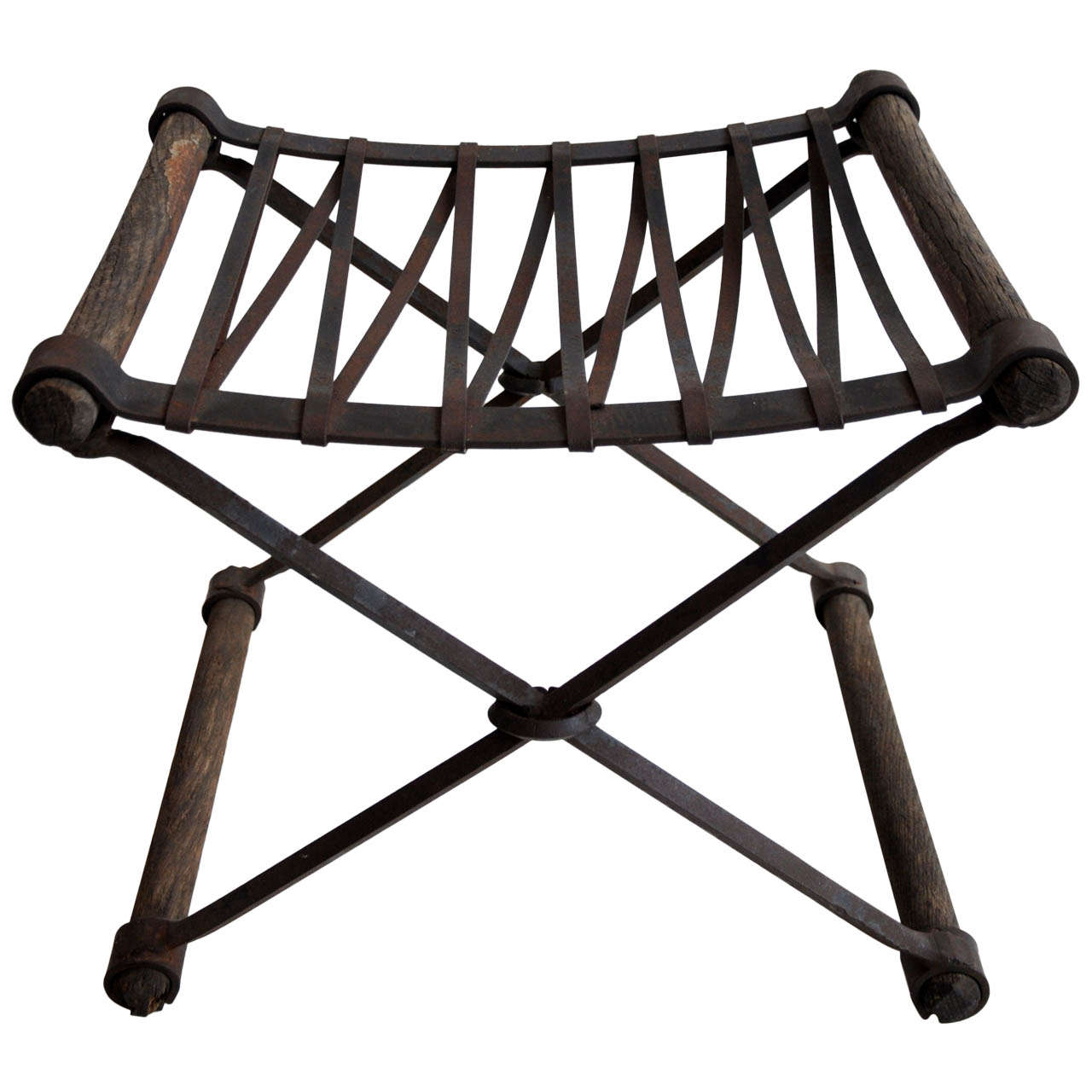 Neoclassic "Rough Luxe" Iron and Wooden Stool For Sale