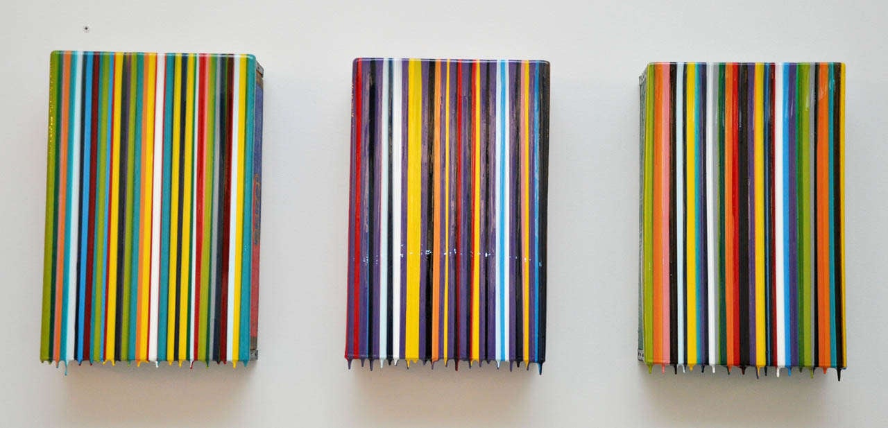 Colorful Resin-Drip Striped Artwork cover reclaimed Soda Crates for truly unique and fun pieces of art! Pepsi, Coca-Cola, and 7 UP never looked this good. (Coca-Cola is still available)