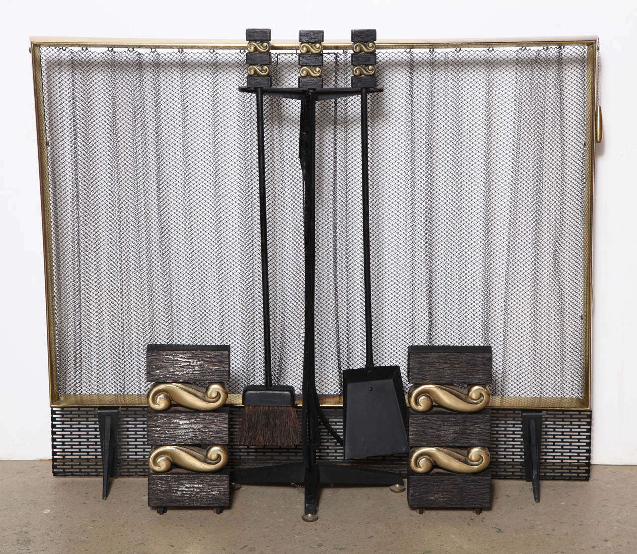 Hollywood Regency 50's Donald Deskey style Bennett Co. Cast Iron, Bronze, Brass Fireplace Set