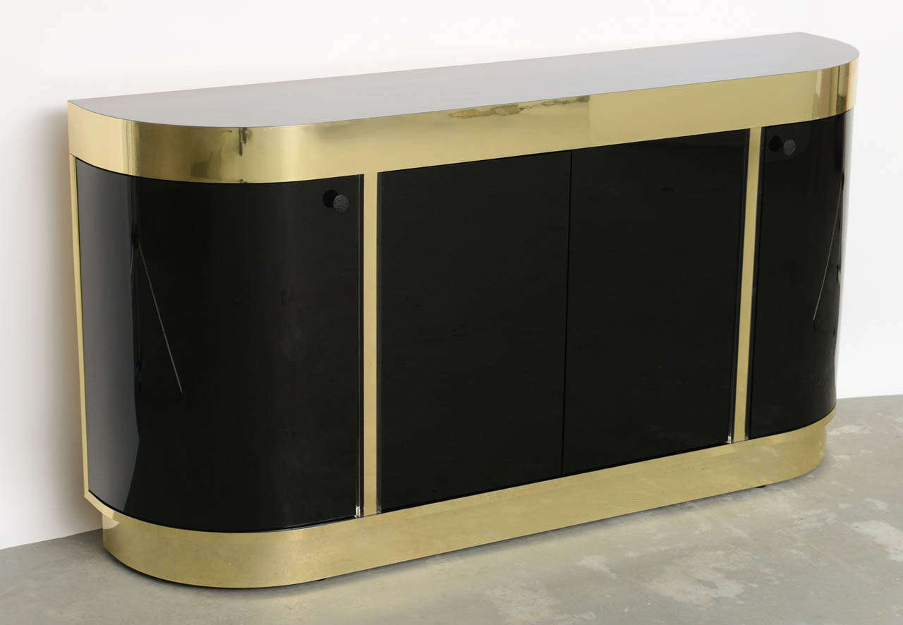 American Modern Demilune Brass & Black Lucite Console