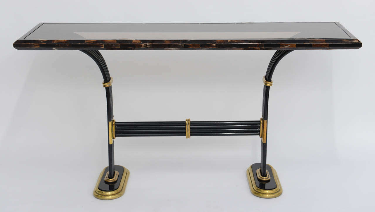 Egyptian Revival 1980s Elegant Tesselated Horn, Brass & Glass Deco Style Console