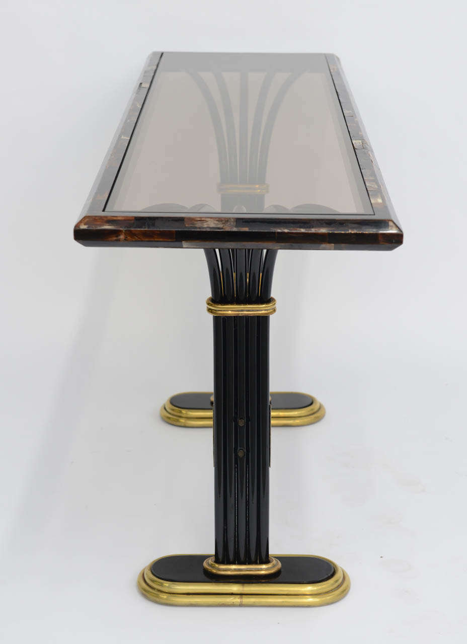 1980s Elegant Tesselated Horn, Brass & Glass Deco Style Console 1