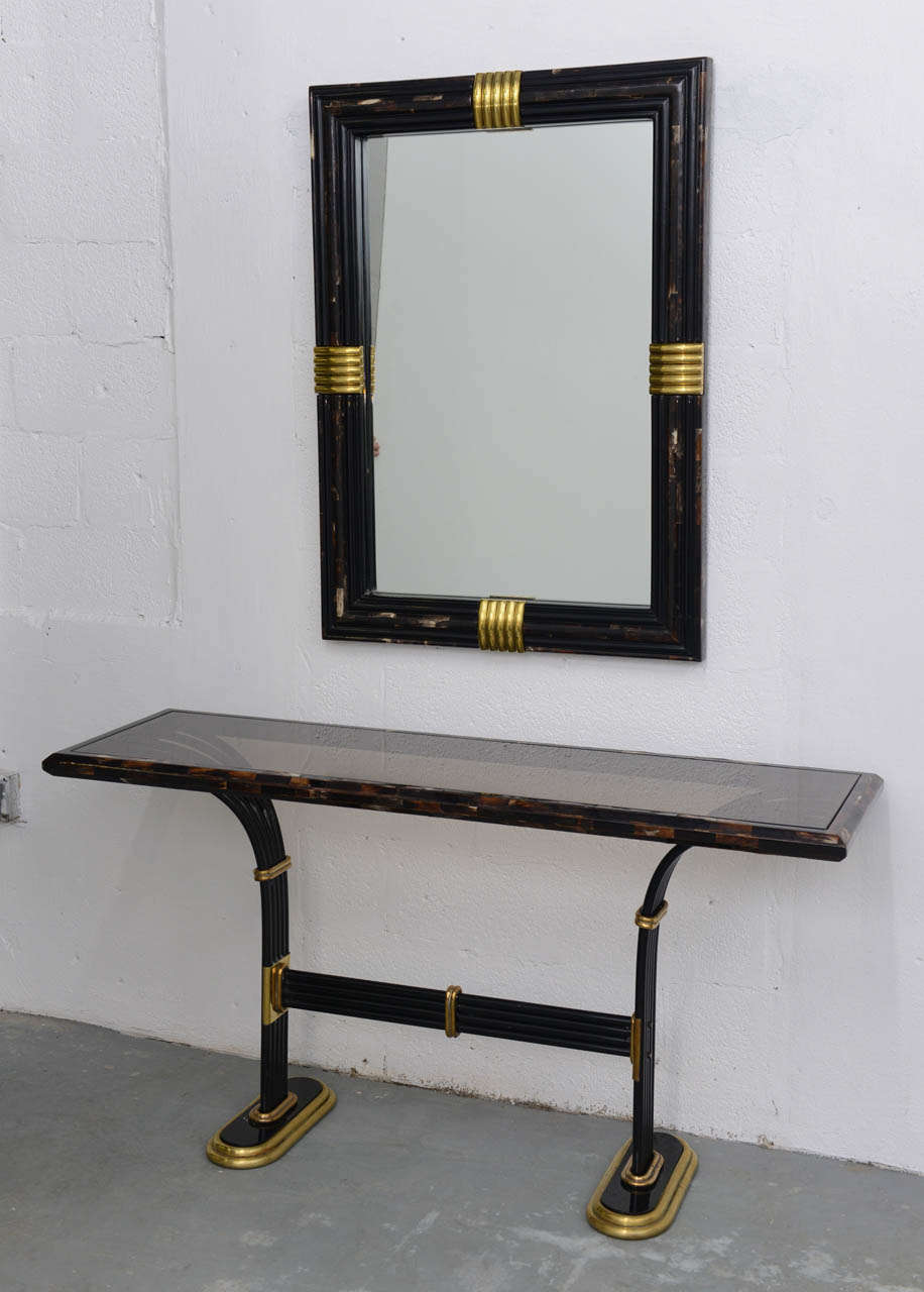 1980s Elegant Tesselated Horn, Brass & Glass Deco Style Console 4