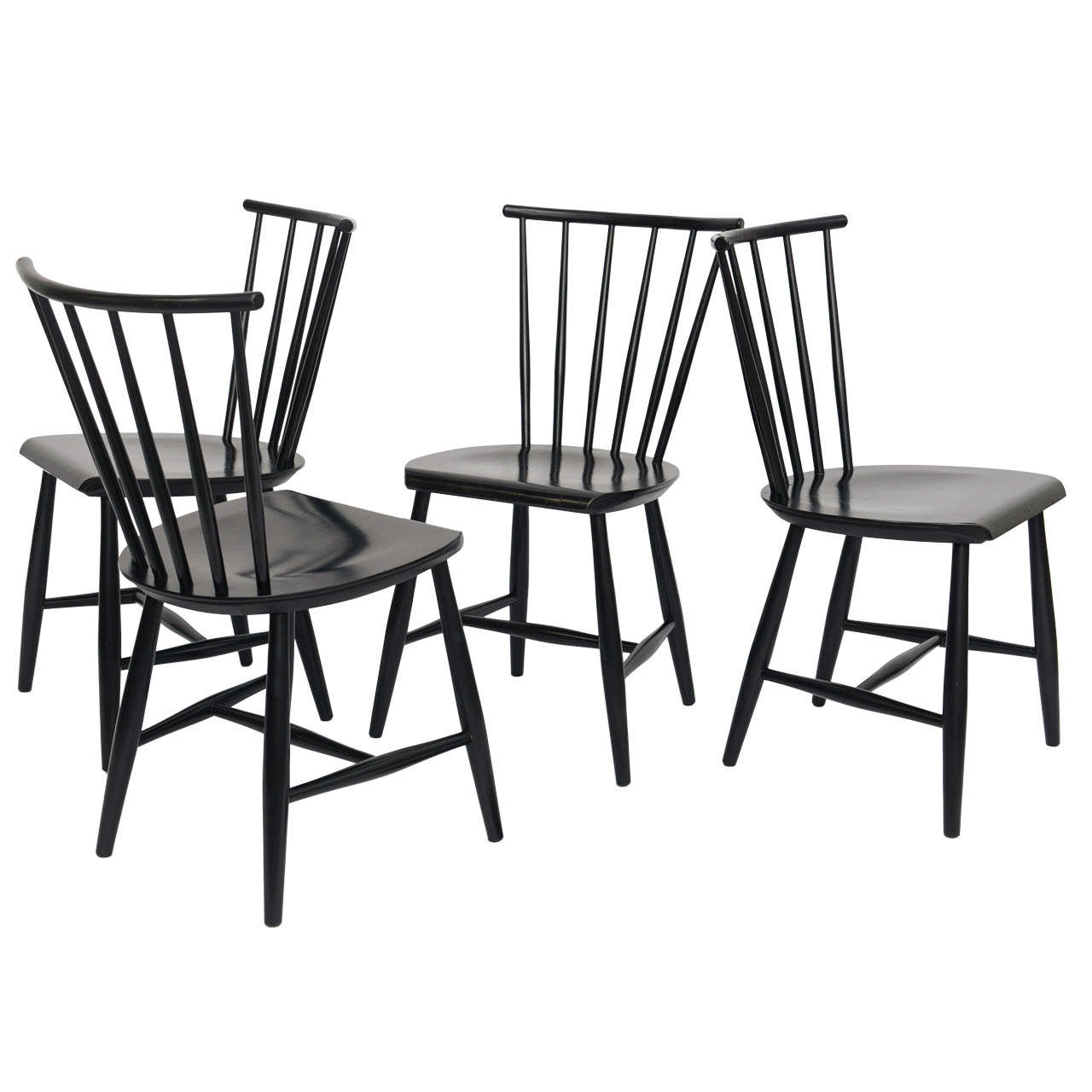 Four 1950s Swedish Windsor Style Spindle Back Dining Chairs