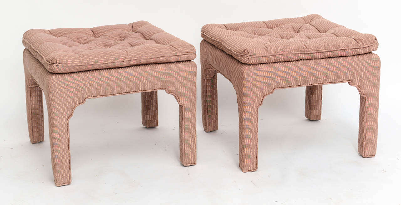 SOLD  In the upholstered style of Milo Baughman, this pair of bracket sculpted Parsons leg stools with attached tufted cushions are 1970s modern and wonderfully scaled.  Great profile, generous proportions and quite utile.  Excellent original