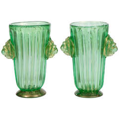 Pair of Large and Impressive Pino Signoretto Glass Vases of Fluted Form