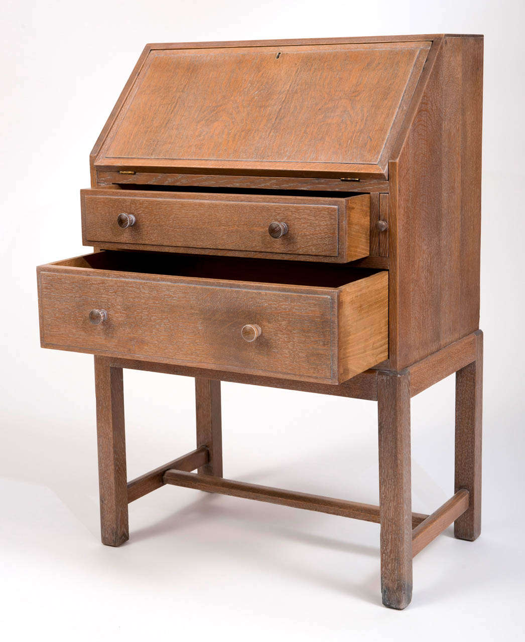 Heals and Son limed oak fold down bureau, England circa 1930 For Sale 1