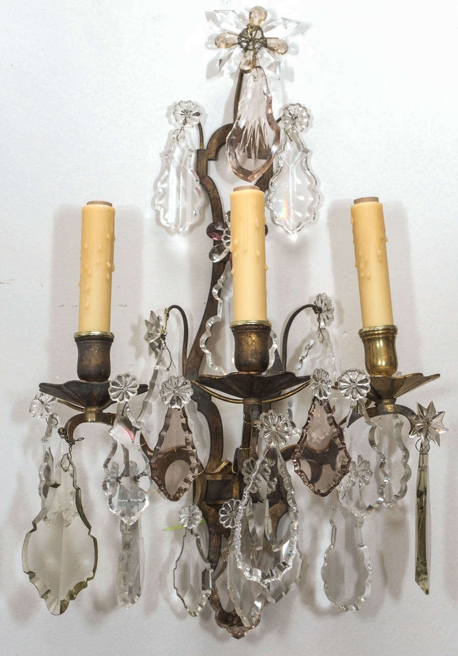 Late 19th century 3 lights sconces with charming amethyst crystals in the center. US wired