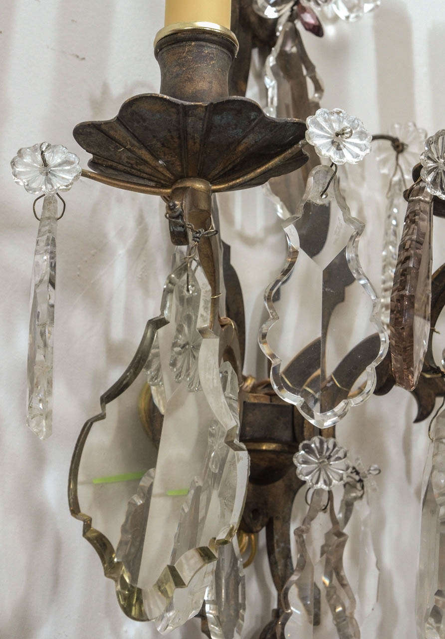 Pair of 19th Century Bronze and Crystal Sconces 1