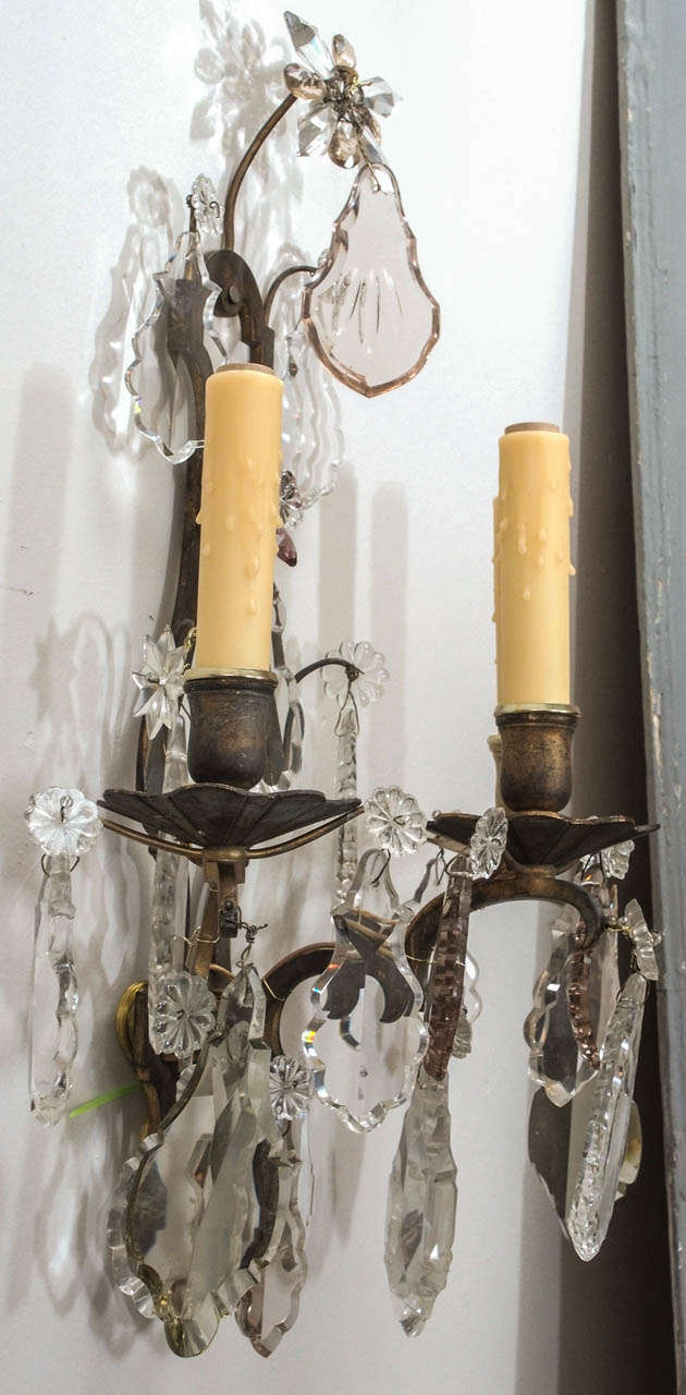 Pair of 19th Century Bronze and Crystal Sconces 3
