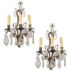 Pair of 19th Century Bronze and Crystal Sconces