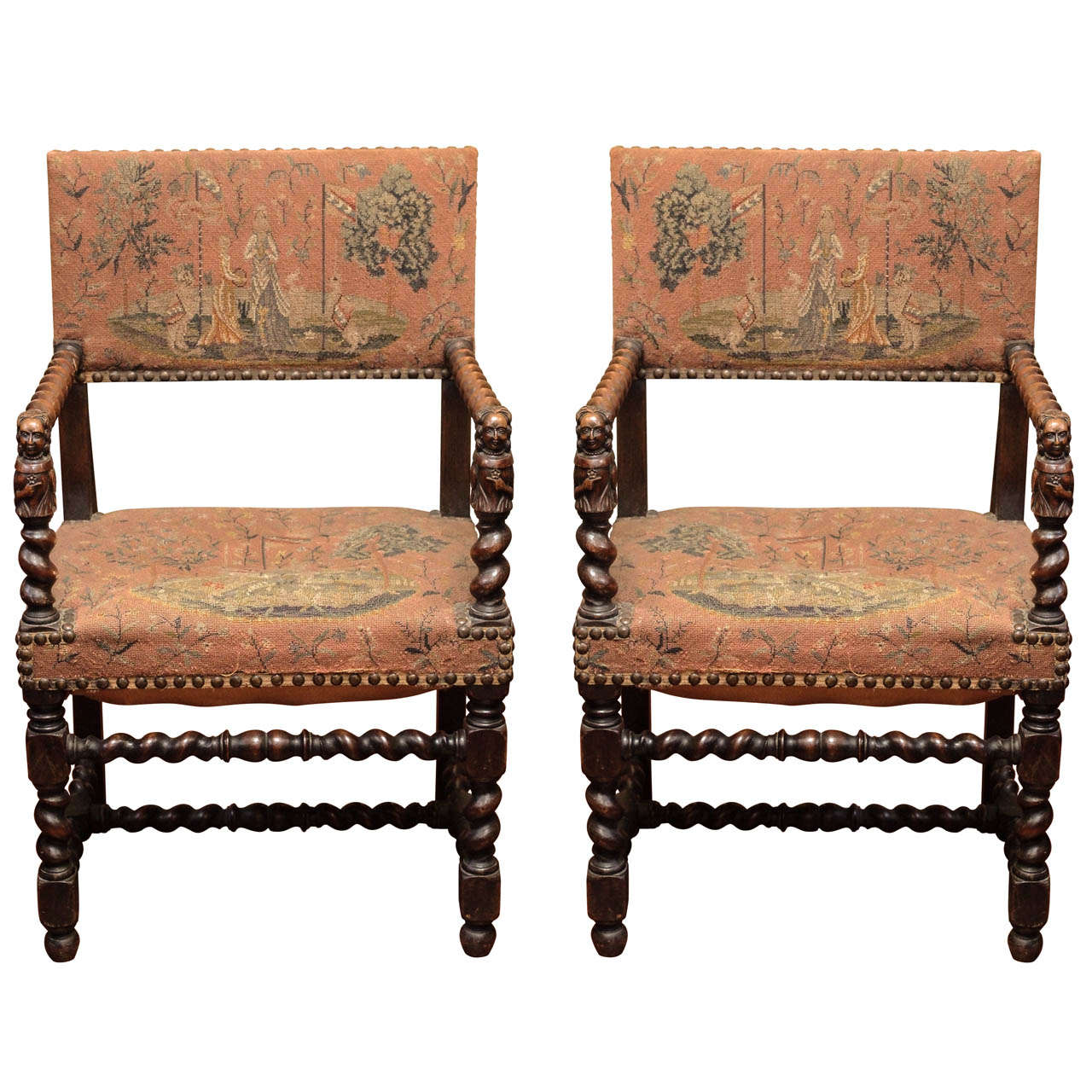 Pair of 19th Century Tapestry  Fauteuils