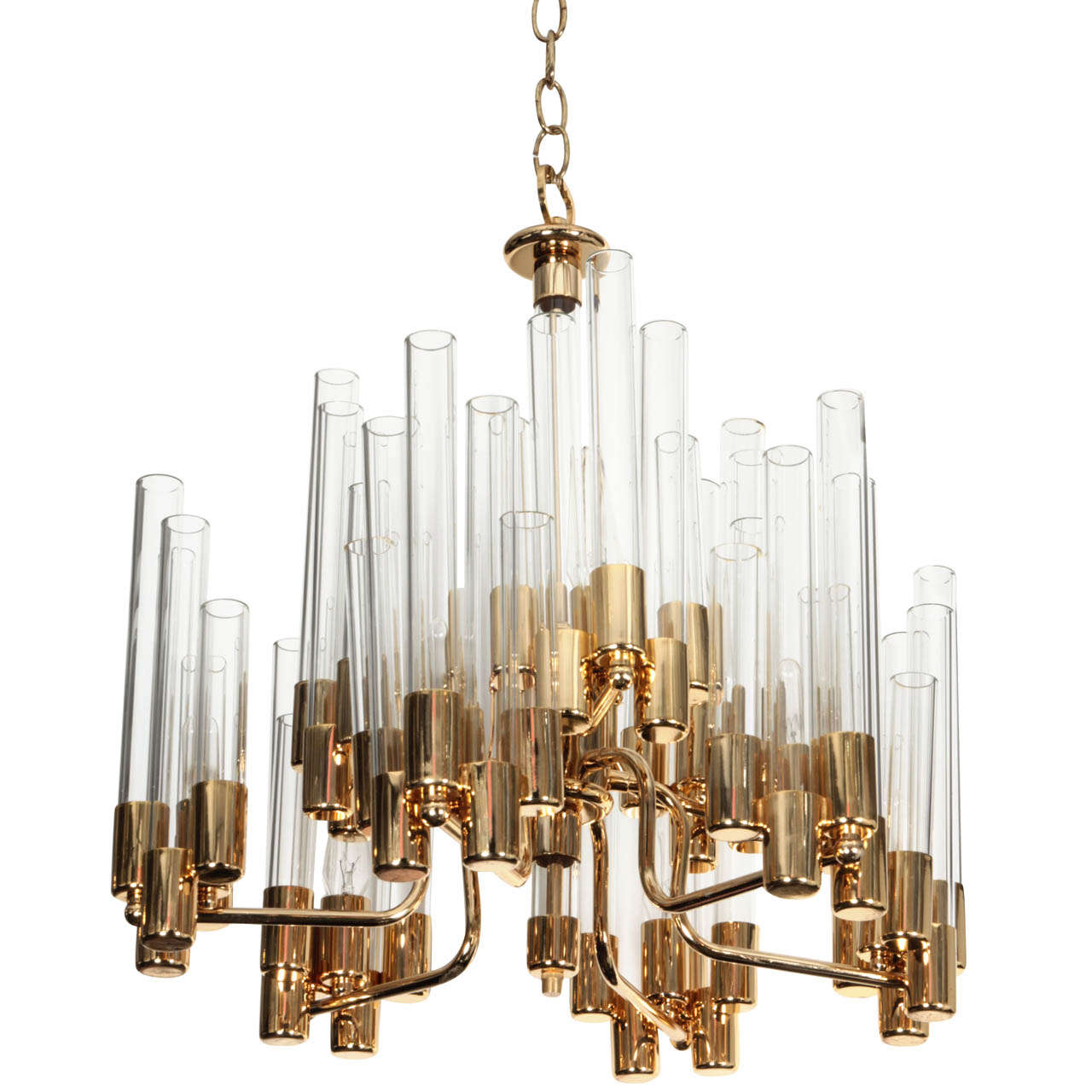 Mid Century 9 Arm Brass & Glass Tube Chandelier by Hans Agne Jakobsson