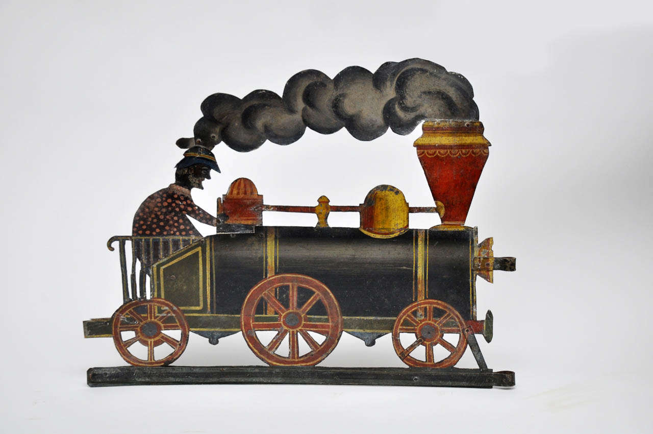 French Provincial Hand-painted Folk Art Train Engine Weathervane, Circa 1840
Crafted sheet metal, hand painted on both sides.