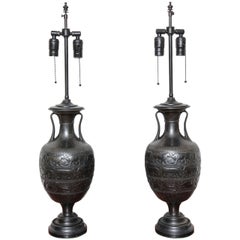 A Pair of Bronze "Grand Tour" Urns Mounted as Lamps