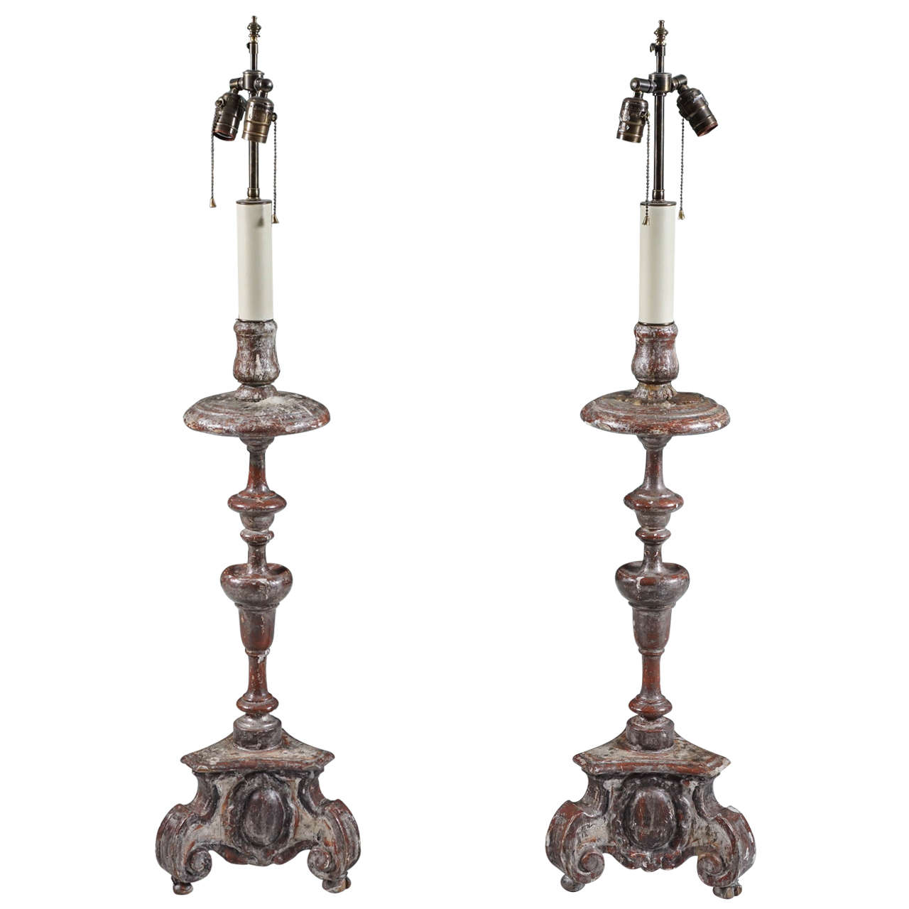 Pair of Silver Gilt Baroque Carved Wood Candlestick Lamps