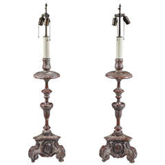 Pair of Silver Gilt Baroque Carved Wood Candlestick Lamps 12