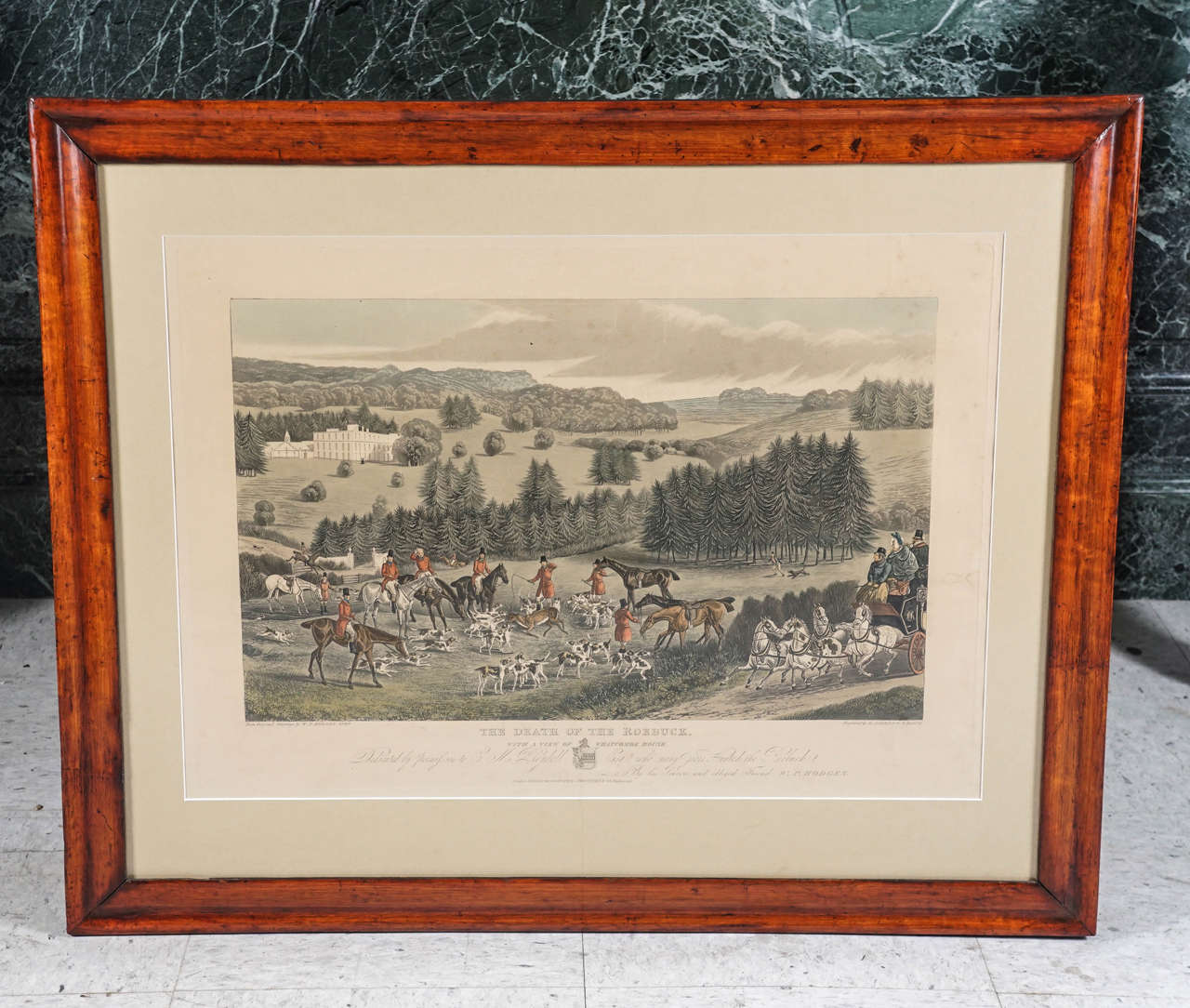 These two works commemorate the great English pastime of gentlemen hunt parties and social gatherings surrounding the land and its produce to those who own it. This very nice pair of hand-colored engravings was published in October of 1832. The