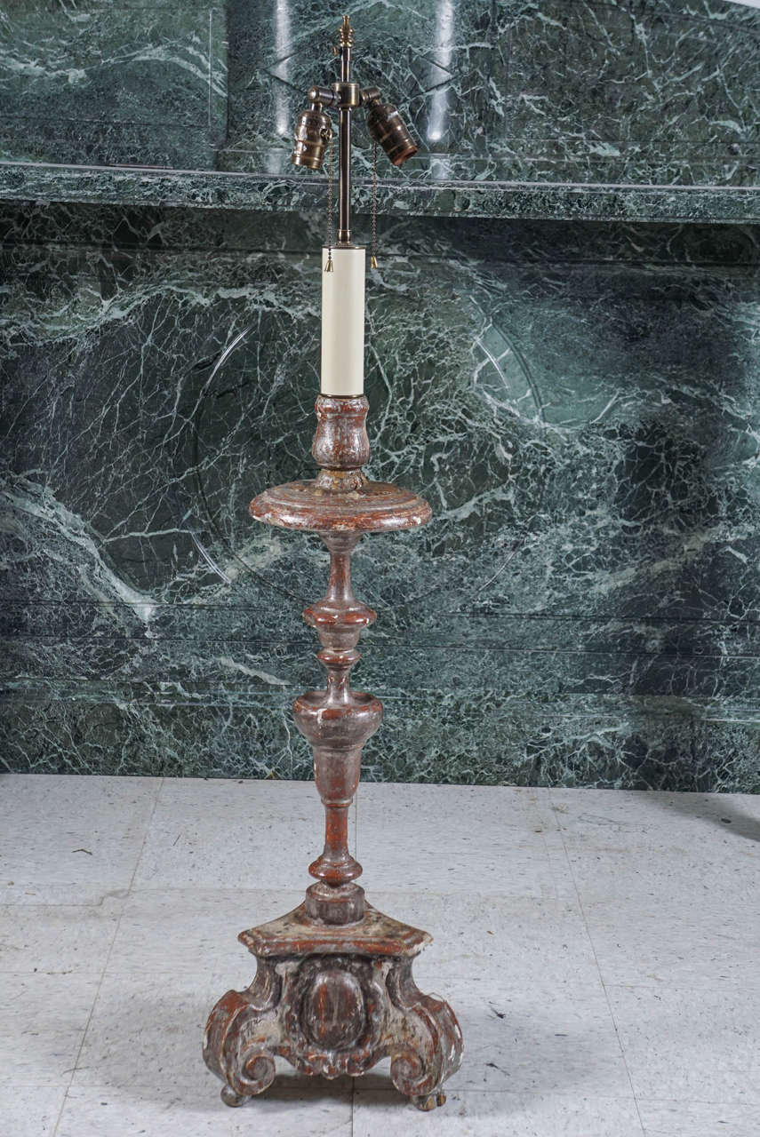 Pair of Silver Gilt Baroque Carved Wood Candlestick Lamps at 1stDibs