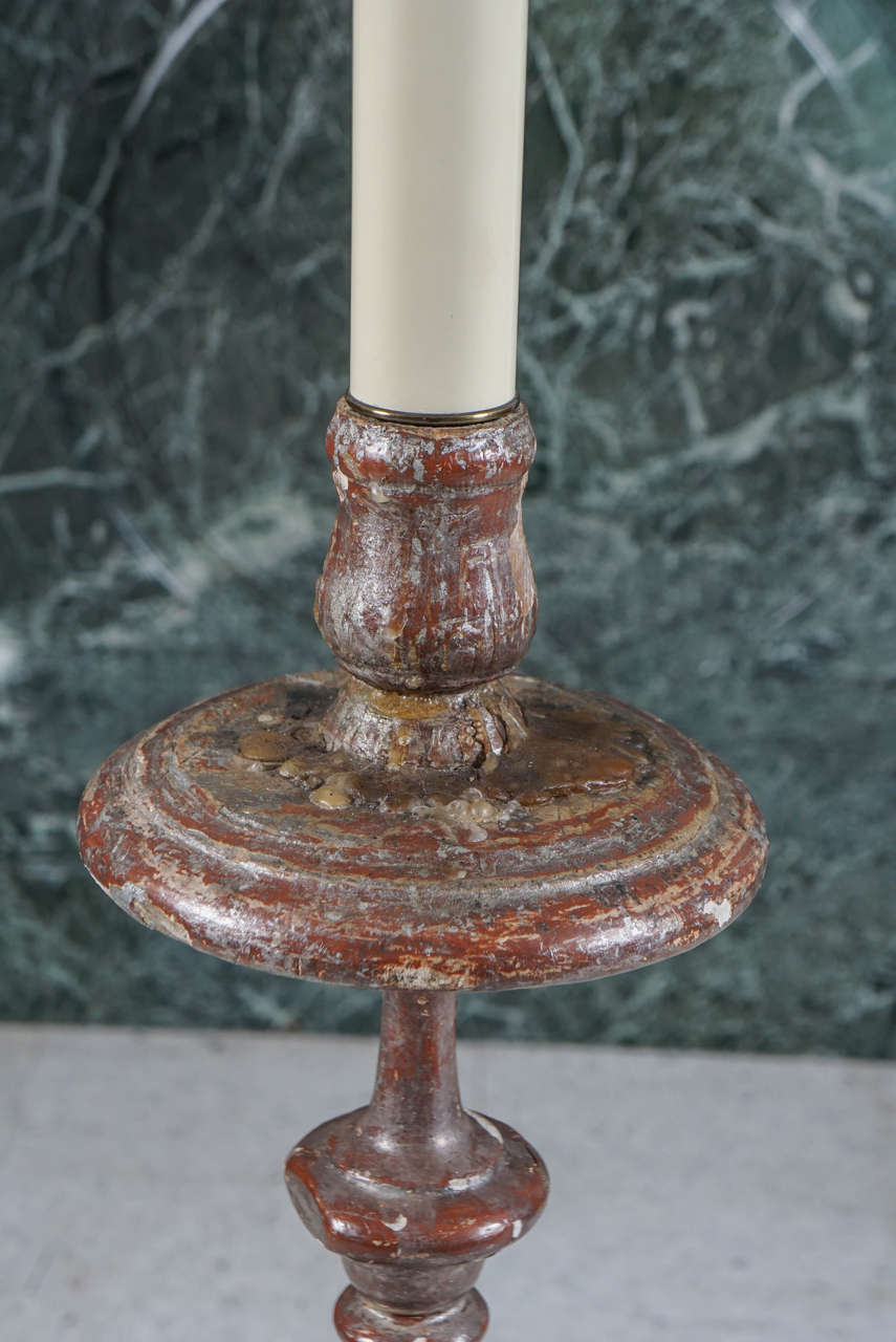 Pair of Silver Gilt Baroque Carved Wood Candlestick Lamps at 1stDibs