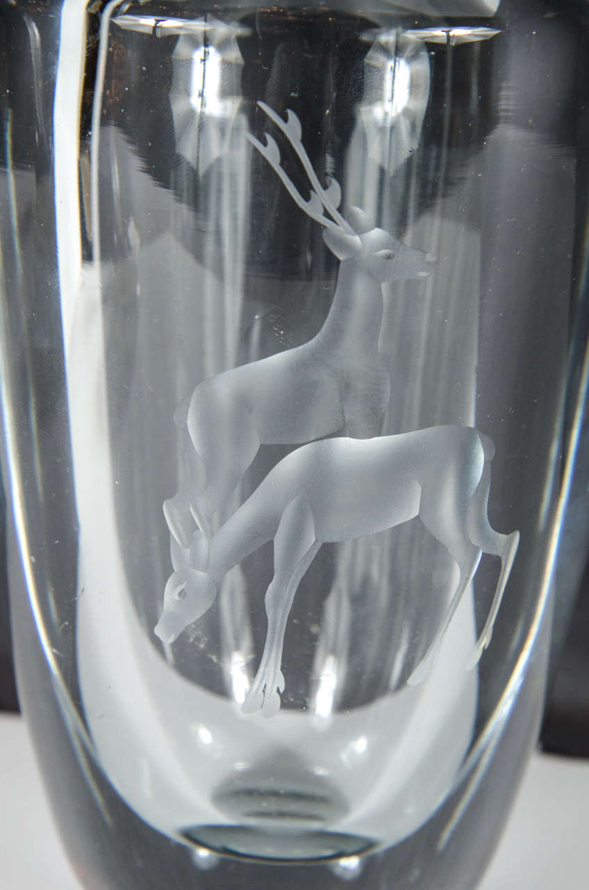 Mid-20th Century Exquisite Mid-Century Modernist Vase by Stromberg with Deer Etching