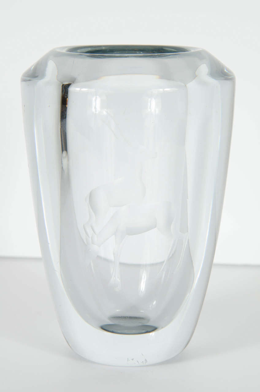 Exquisite Mid-Century Modernist Vase by Stromberg with Deer Etching 1