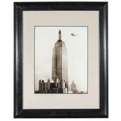 Vintage Sepia-Toned 1930 Photograph of Empire State Building with Dirigible