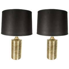 Ultra Chic Pair of Mid-Century Modernist Ribbed Brass Column Lamps