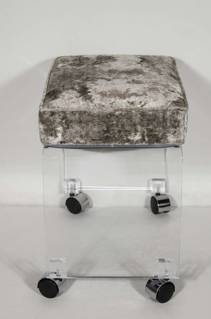 Late 20th Century Mid-Century Modernist Waterfall Lucite Stool in Smoked Pewter Velvet