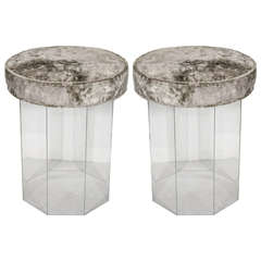 Pair of Mid-Century Modernist Lucite Stools in Smoked Tobacco Velvet