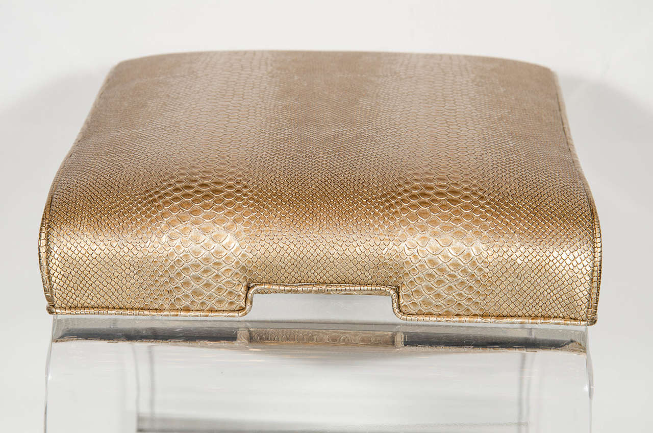 Late 20th Century Mid-Century Modernist Waterfall Lucite Stool with Faux Bronze Metallic Python For Sale
