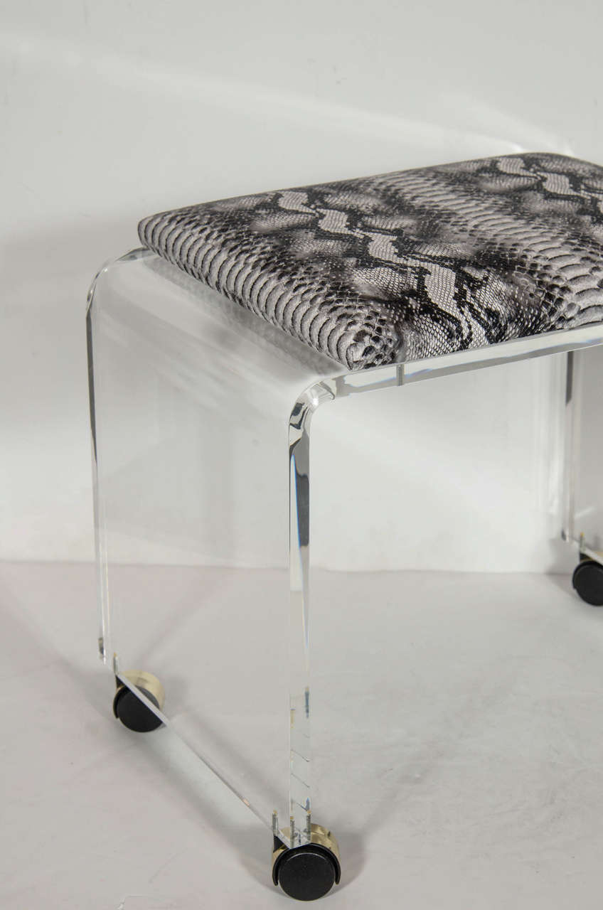 American Mid-Century Modernist Waterfall Form Lucite Stool with Faux Python Upholstery