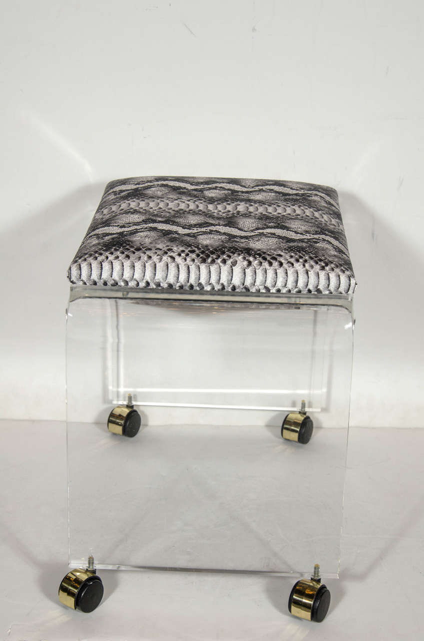 Late 20th Century Mid-Century Modernist Waterfall Form Lucite Stool with Faux Python Upholstery