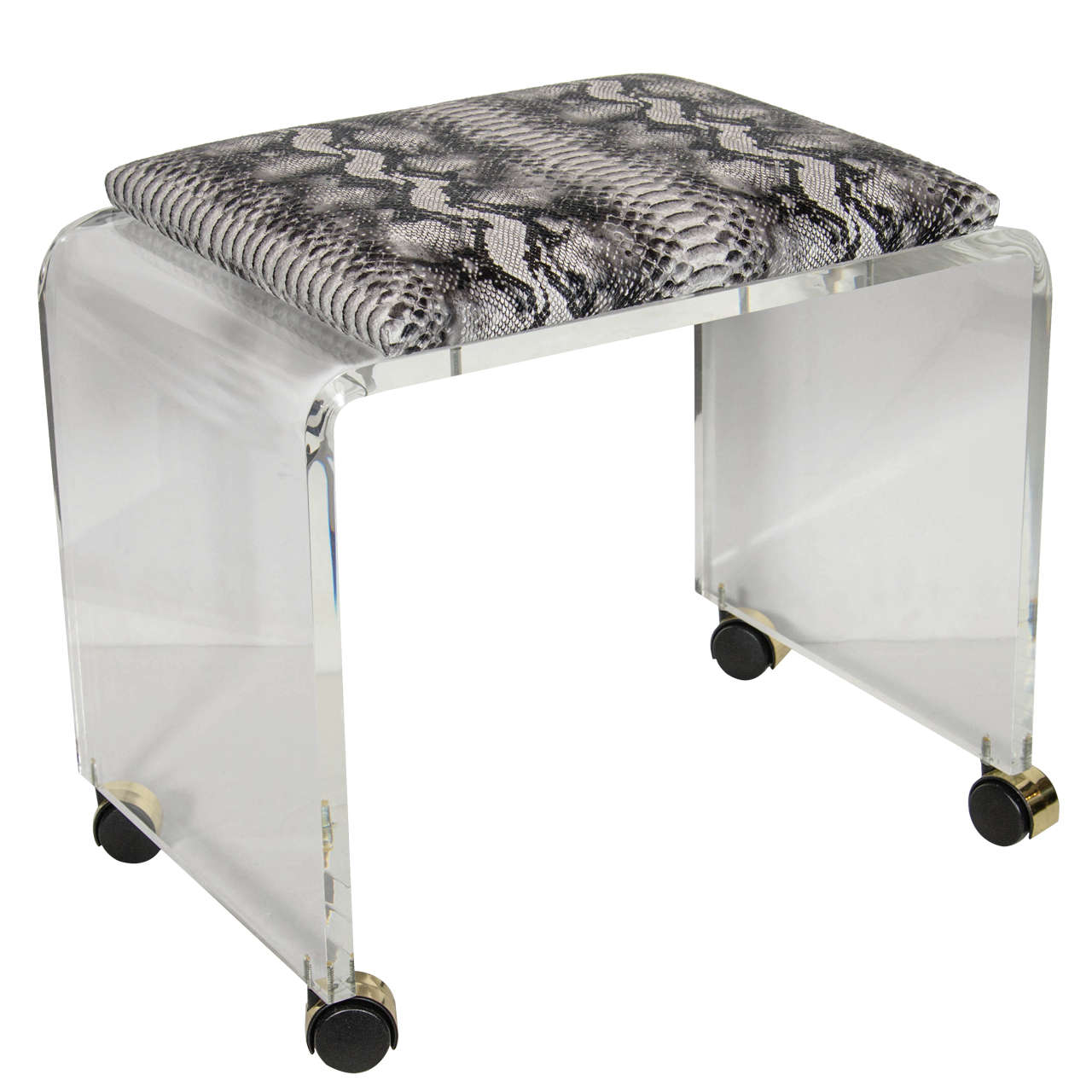 Mid-Century Modernist Waterfall Form Lucite Stool with Faux Python Upholstery