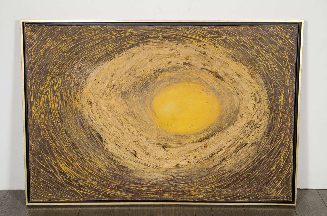 This beautiful oil on canvas featuring a circular form heavy impasto around a central sun-like image. Signed lower right by Darby and inscribed verso as well. The painting is framed in a floating design gallery frame accented with 24k yellow gold