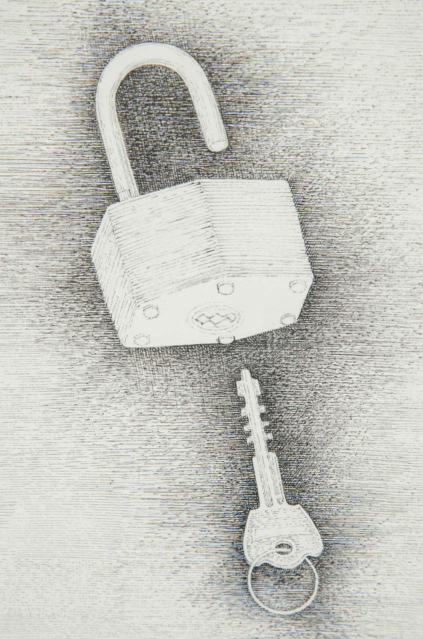 Late 20th Century Luxe Mid-Century Floating Etching of A Lock and Key