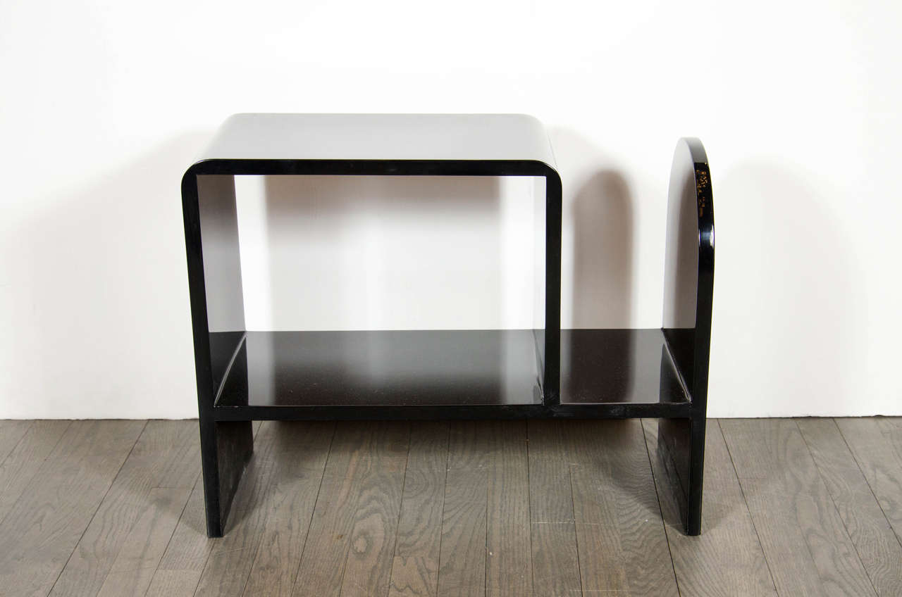 Art Deco Two Tier Side Table with Magazine Stand in Black Lacquer