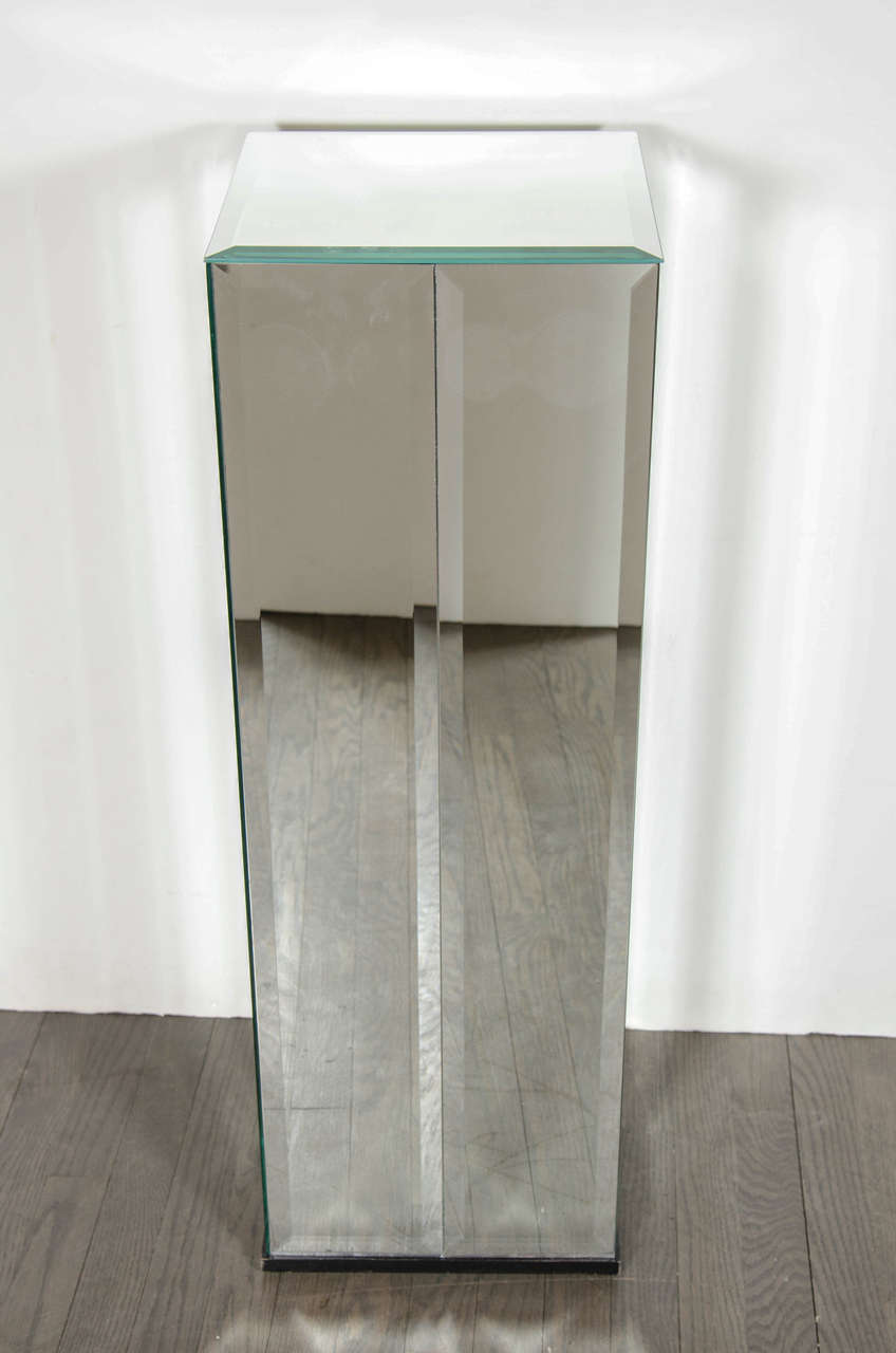 Mid-Century Modernist Mirrored Square Pedestal with Beveled Inset Panels