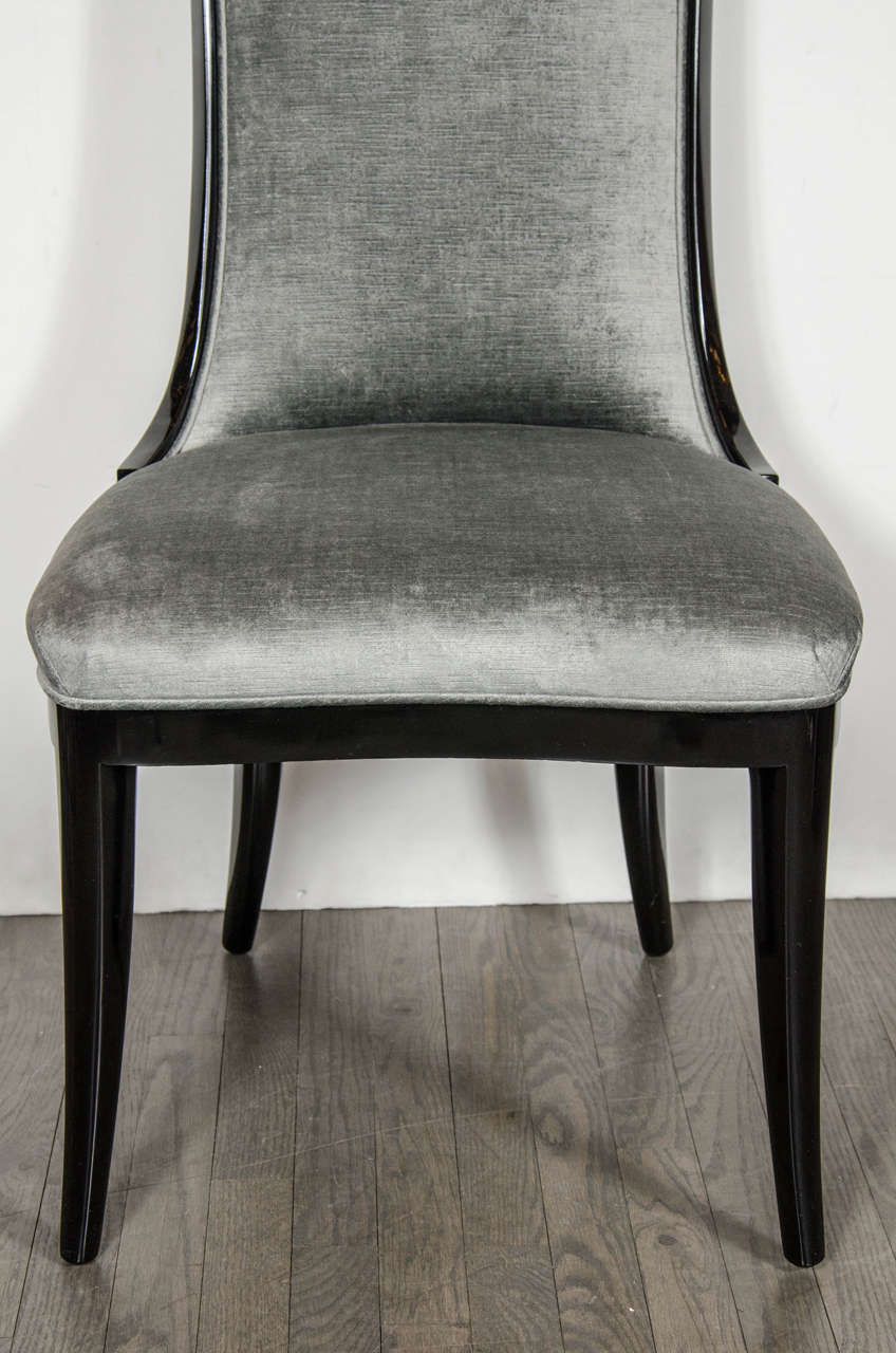 Hollywood Regency Pair of 1940s High Back Occasional Chairs in Ebonized Walnut and Pewter Velvet